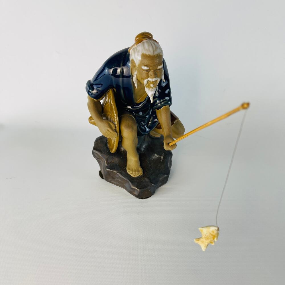 Vintage Chinese Shiwan Fisherman Ceramic Mudman Statue 6 1/2”
